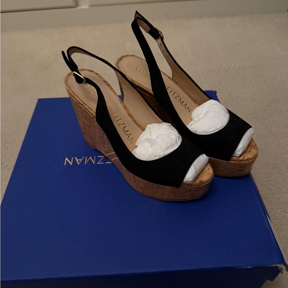Stuart Weitzman Black and Tan Wedge Sandals